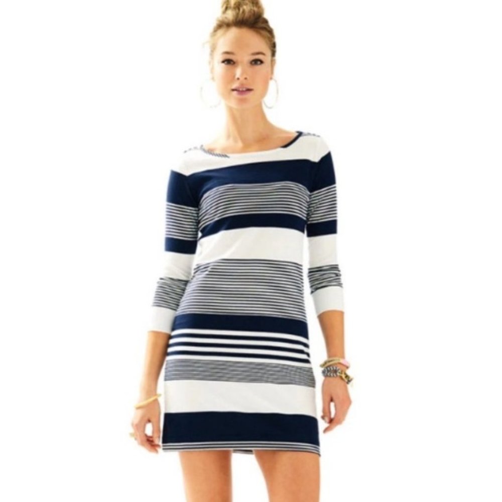 Lilly Pulitzer Marlowe Jersey Knit Long Sleeve Dress Coconut Stripe in True Navy